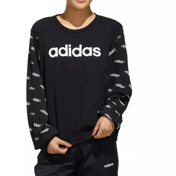 [XS] Adidas Ess Linear Fav Core all Over Print Sweatshirt Pullover FM6185  Black - Picture 2 of 8